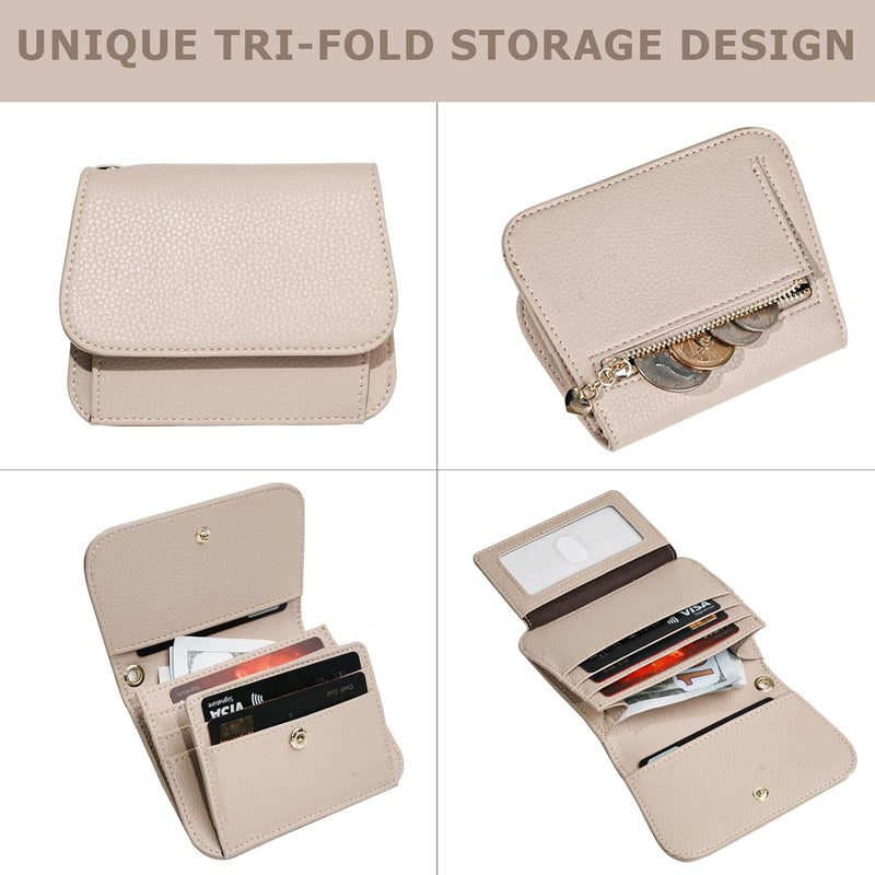 Sunpour Women Small Wallet RFID Blocking Slim Wallet with Coin Pocket Tri-Fold Credit Card Holder with ID Window and Keychain (Khaki) - Image 3